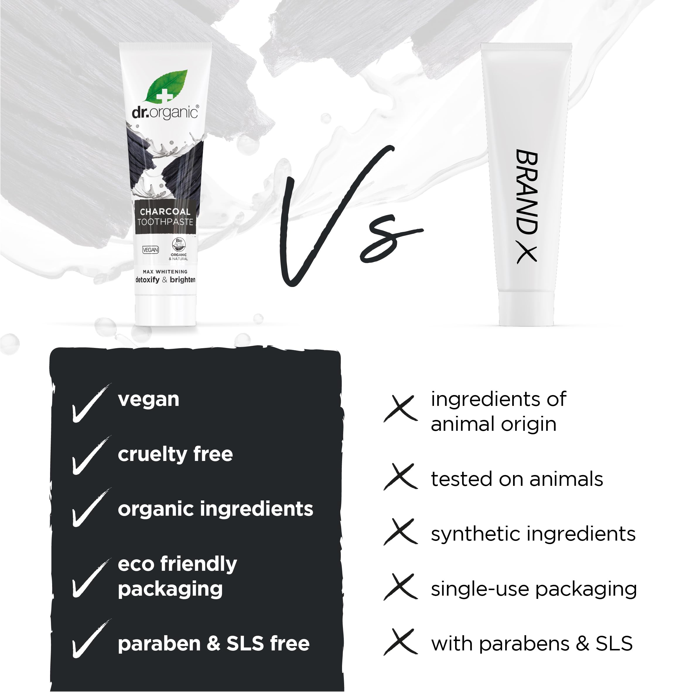 Dr. Organic charcoal toothpaste UAE image comparing Dr. Organic tube versus generic with vegan cruelty free eco friendly benefits
