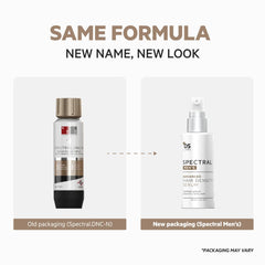DS Laboratories hair density serum for men showing old and new product packaging designs side by side