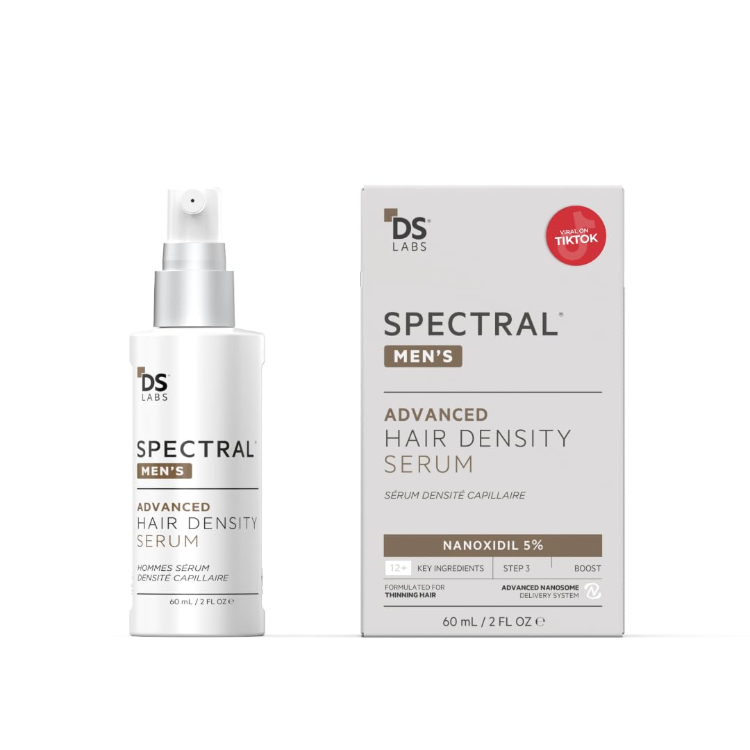 DS Laboratories Spectral Men's Advanced hair density serum for men with Nanoxidil 5 percent in white bottle and box