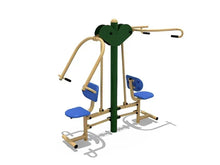 Dual upper-body workout trainer with chest press and pull-down, green frame, blue pads