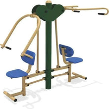Upper-body workout trainer with blue pads, overhead pull bars, and green frame post