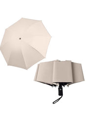 Mumzar beige dual purpose automatic umbrella shown open and folded compact for easy carrying