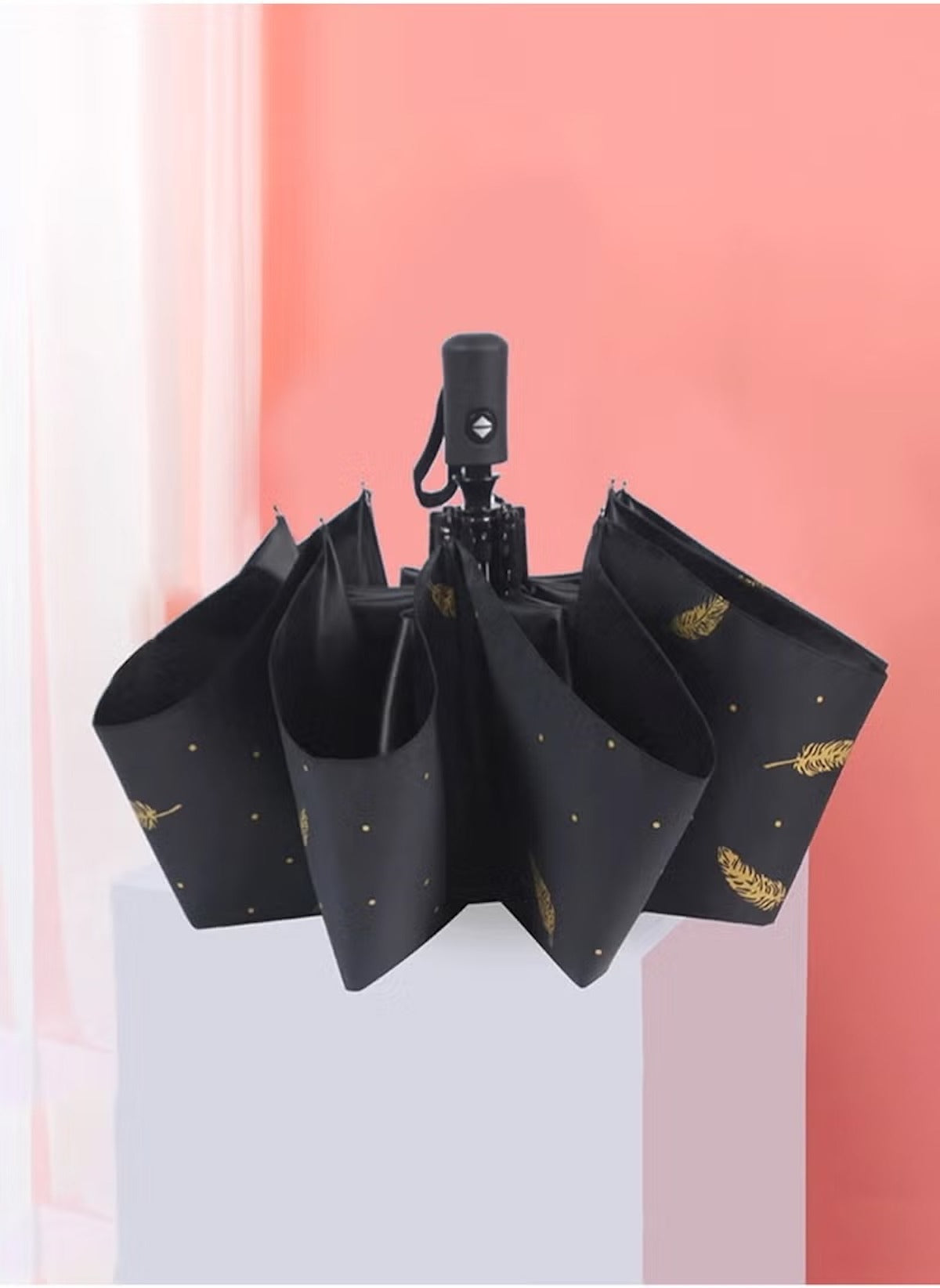 Mumzar black dual purpose automatic umbrella with gold feather pattern and compact design
