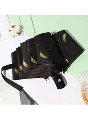 Mumzar black dual purpose automatic umbrella with gold feather design and wrist strap