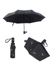 Mumzar black dual purpose automatic umbrella with gold moon pattern shown open, folded, and partially closed