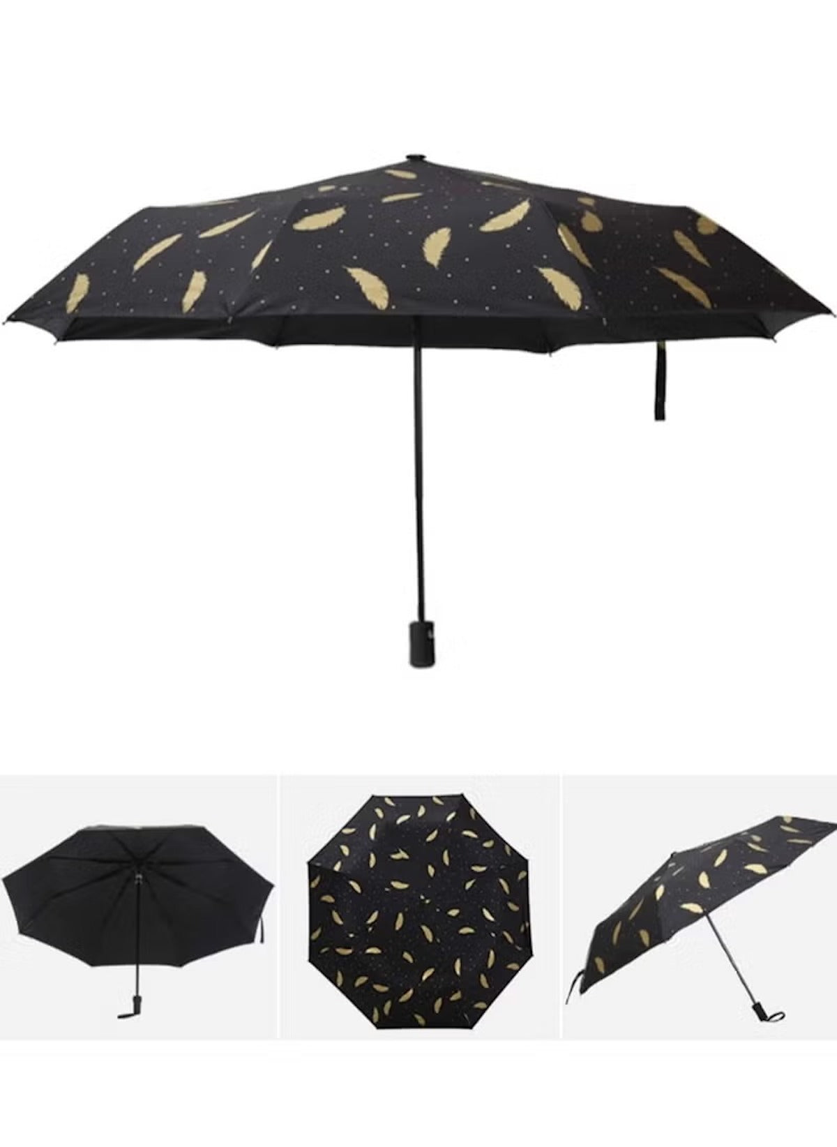 Mumzar black umbrella with gold feather design featuring a dual purpose automatic umbrella mechanism