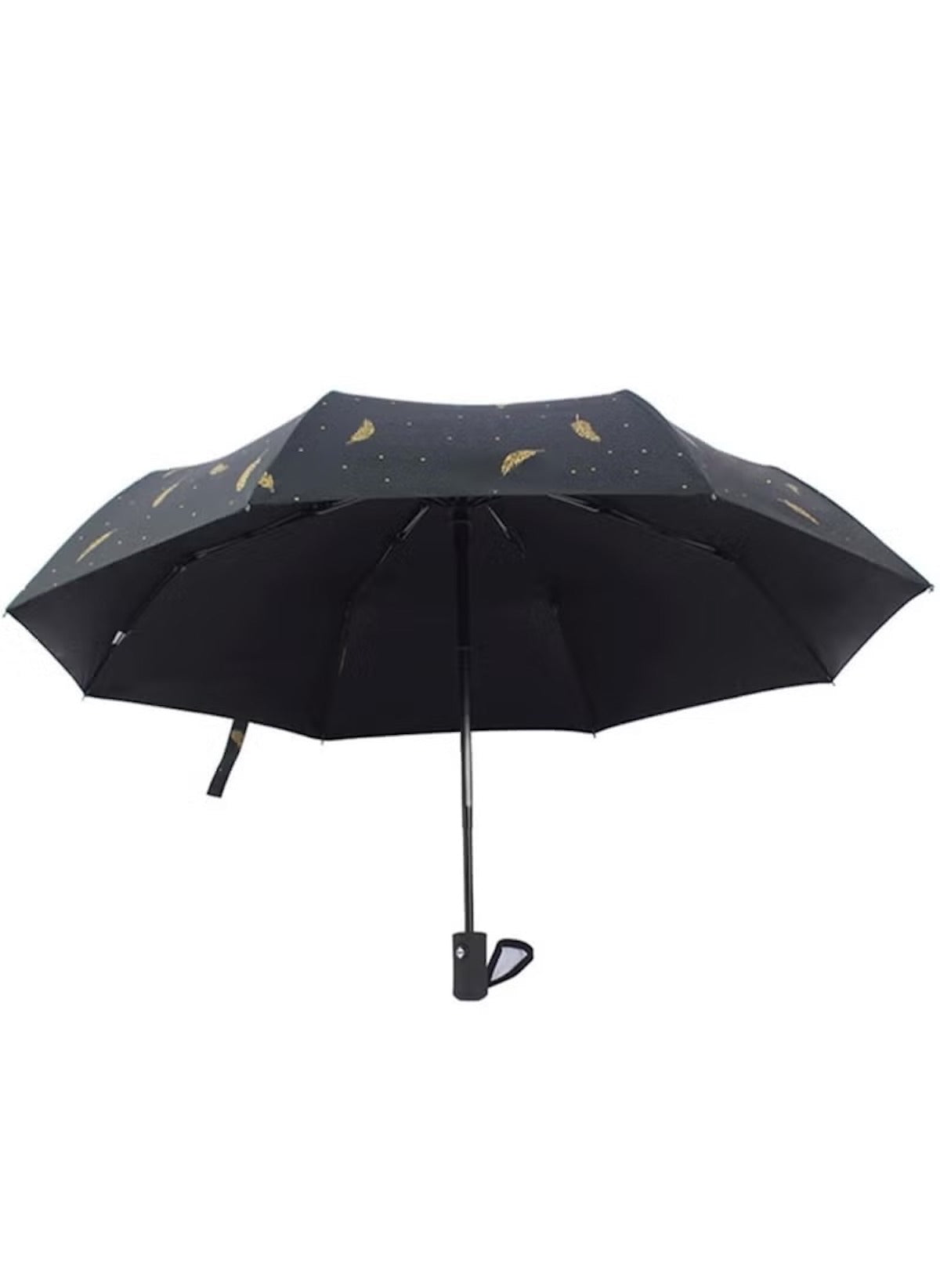 Mumzar black dual purpose automatic umbrella with gold feather design and compact handle