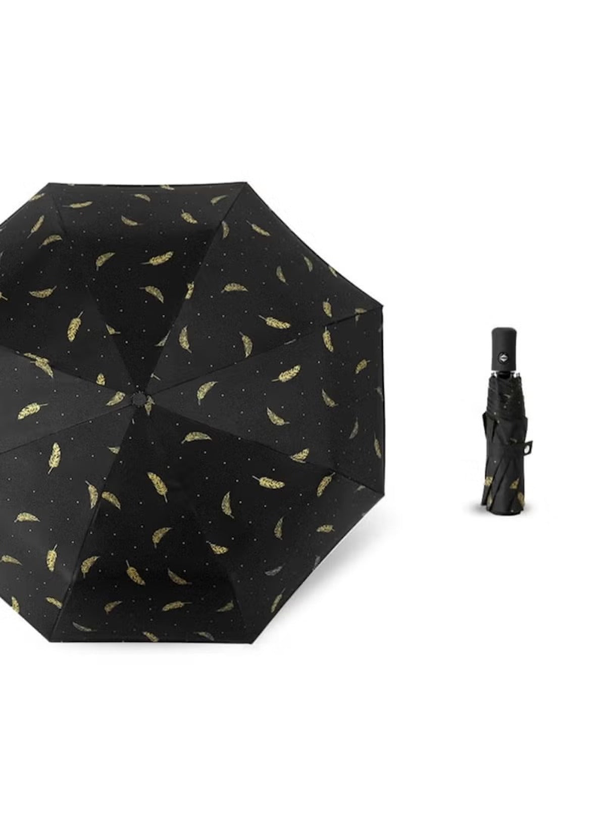 Mumzar black dual purpose automatic umbrella with gold feather pattern shown open and closed