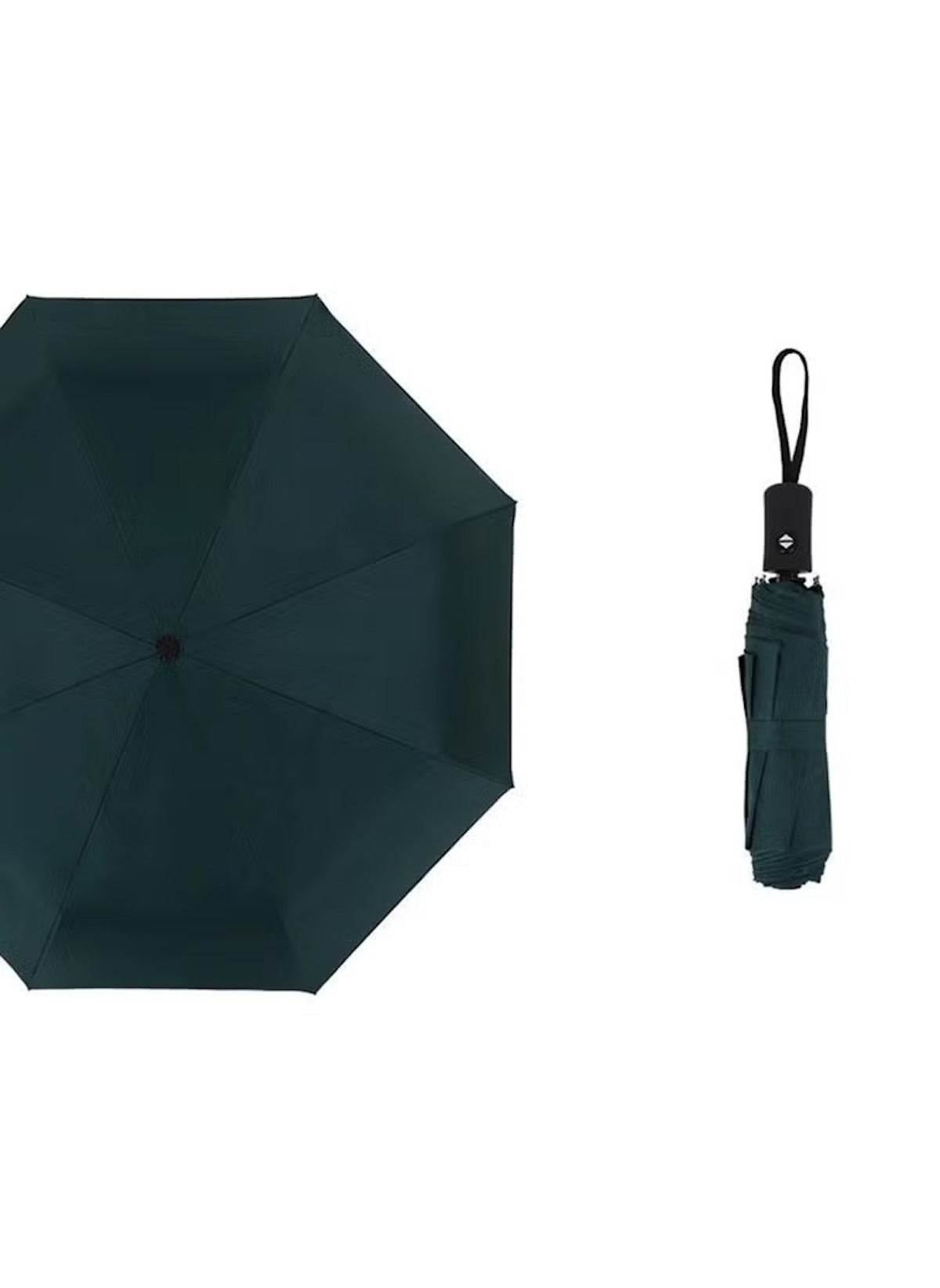 Mumzar dual purpose automatic umbrella in dark green shown open and folded with wrist strap