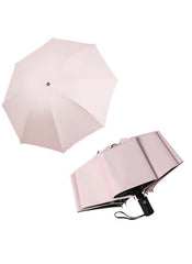 Mumzar dual purpose automatic umbrella in light pink color, shown open and folded