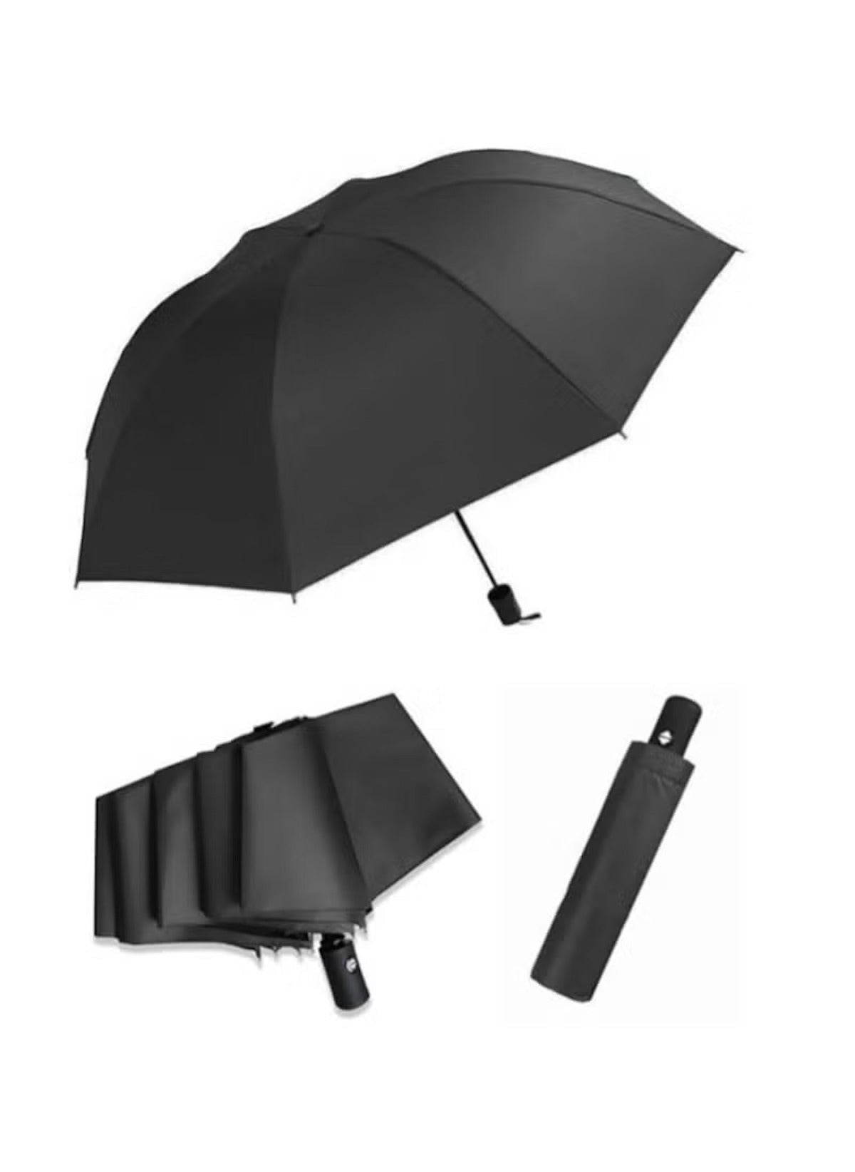 Black Mumzar dual purpose automatic umbrella shown open folded and in carrying case