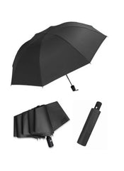 Black Mumzar dual purpose automatic umbrella shown open folded and in carrying case