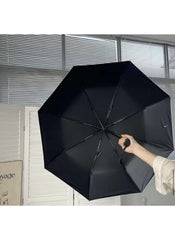 Black Mumzar dual purpose automatic umbrella held open indoors with a simple wrist strap