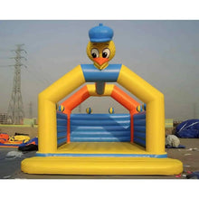 Inflatable bouncy castle with duck head and entrance, yellow outer walls and blue interior