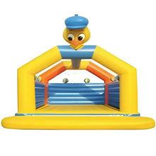 Inflatable bouncy castle with duck mascot, yellow sides, blue base, and orange trim