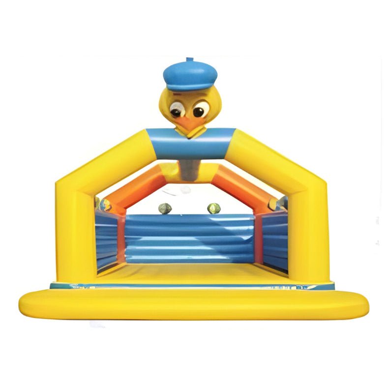 Colorful ducky inflatable bouncy castle with yellow and blue design and duck head on top