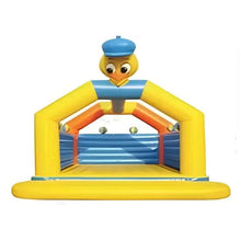 Kids inflatable bouncy castle with duck character on a yellow and blue arch