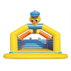 Colorful ducky inflatable bouncy castle with yellow and blue design and duck head on top