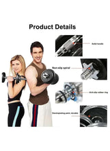 Adjustable dumbbell set with non-slip spiral handle and anti-slip rubber ring detail