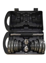 Adjustable dumbbell set with connecting rod and stacked gray weight plates in open case
