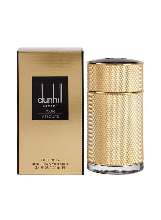 Dunhill Icon Absolute Eau de Parfum in a gold bottle with textured design and box packaging