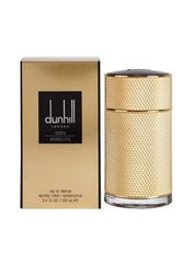 Dunhill Icon Absolute Eau de Parfum in a gold bottle with textured design and box packaging
