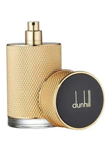 Gold textured eau de parfum spray bottle with atomizer and black round cap