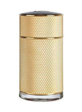 Gold textured eau de parfum spray bottle with dark cap and metal band