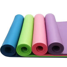 Exercise mat set, blue, lime green, pink and purple rolled