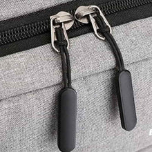 Backpack zipper pulls on gray fabric with black zipper track detail.