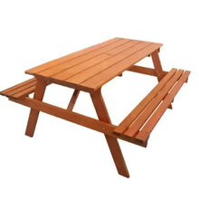 Wooden picnic table with bench seating, brown finish, rectangular slatted tabletop