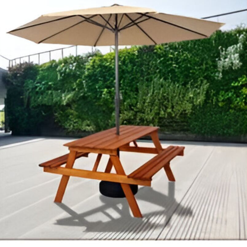 Huitich durable picnic table for backyard with attached benches and large beige umbrella