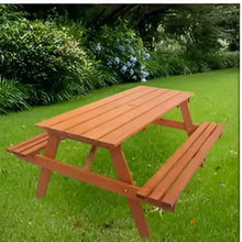 Wooden picnic table with two attached benches, brown finish, slatted tabletop