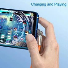 Orange USB cable with 180-degree connector plugged to a tablet, held in hand