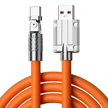 Orange braided USB cable with 180-degree connector, metal ends and strain relief