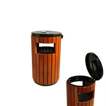Wooden waste bin with open black lid and slatted wooden panels, metal rim