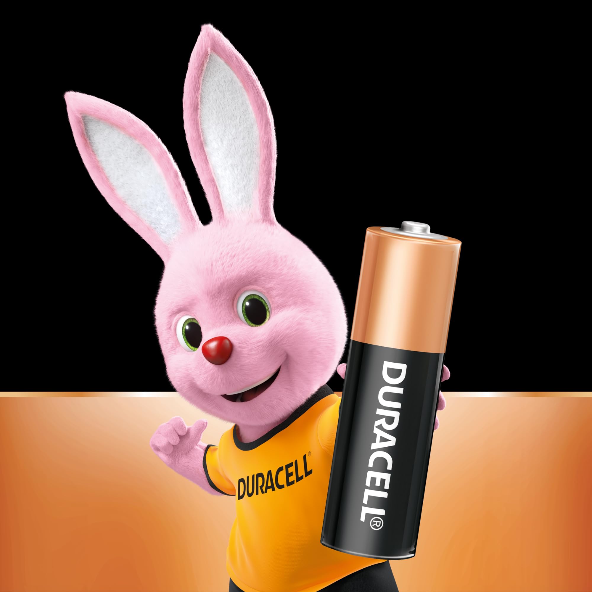 Duracell bunny mascot holding a large Duracell AA battery representing Duracell AA batteries 20 pack