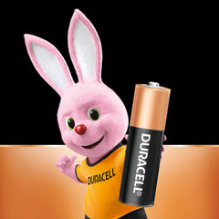 Duracell bunny mascot holding a large Duracell AA battery representing Duracell AA batteries 20 pack