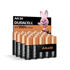 Duracell AA batteries 20 pack with copper top and black body featuring Duracell Bunny