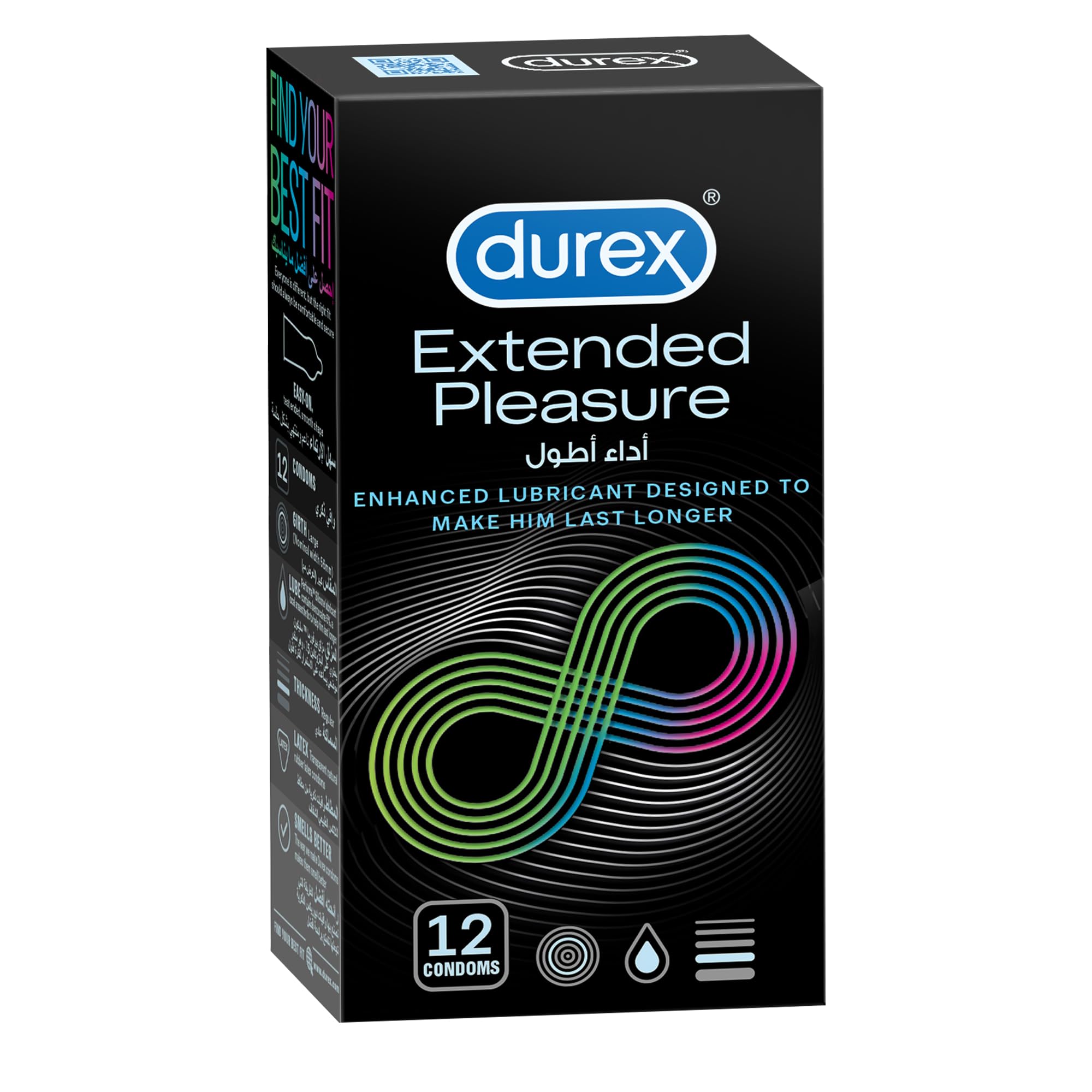 Durex Extended Pleasure condoms UAE black 12 pack box with enhanced lubricant and infinity design