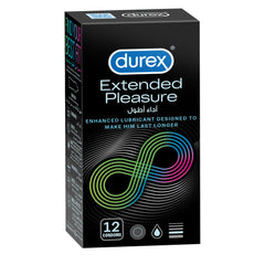 Durex Extended Pleasure condoms UAE black 12 pack box with enhanced lubricant and infinity design