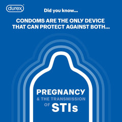 Durex poster with condom silhouette reading condoms protect against pregnancy and STIs Durex Extended Pleasure condoms UAE