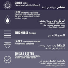 Durex Extended Pleasure condom specs panel for girth, lube, latex, and thickness