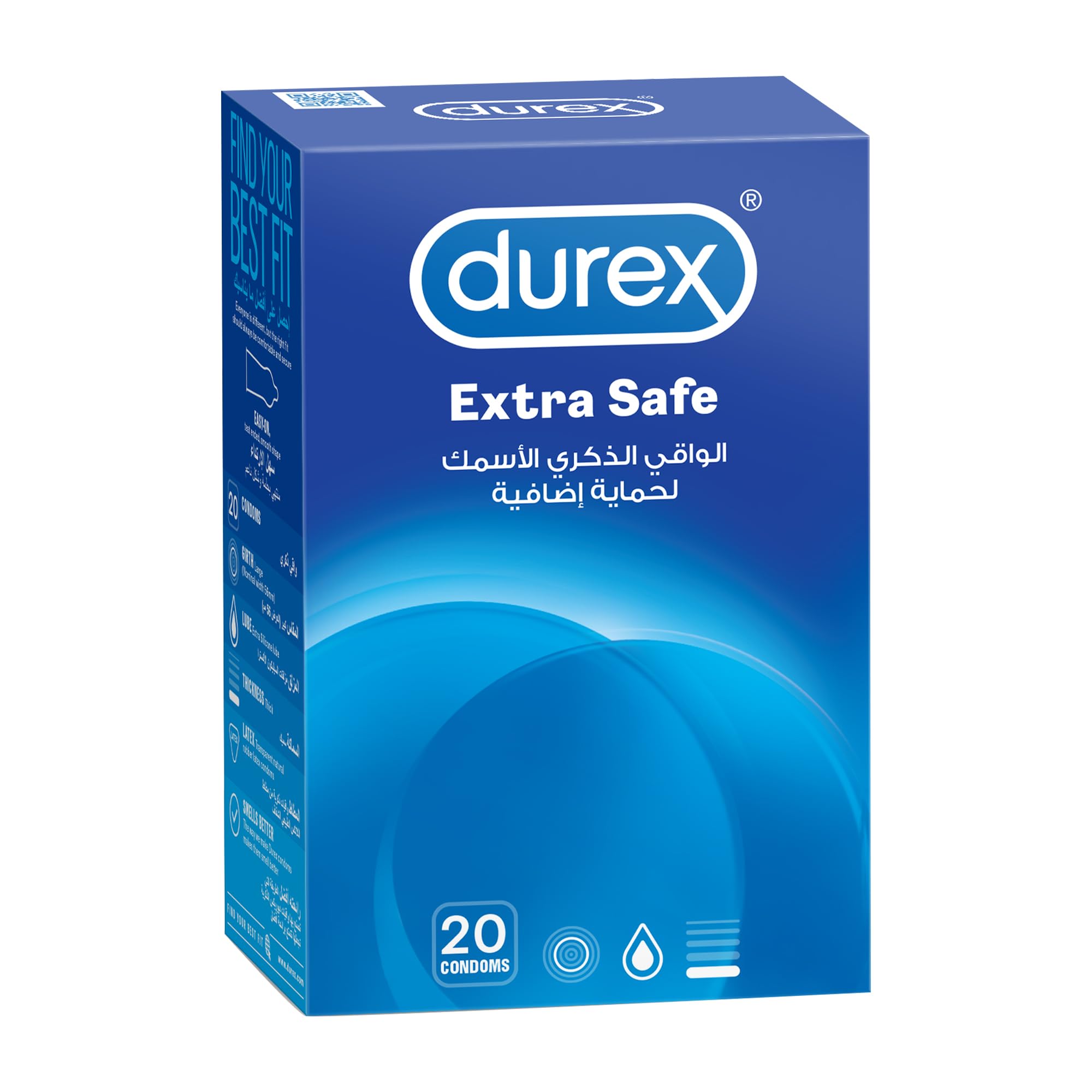 Blue box of Durex Extra Safe condoms 20 pack regular size latex condoms for added protection
