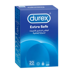 Blue box of Durex Extra Safe condoms 20 pack regular size latex condoms for added protection