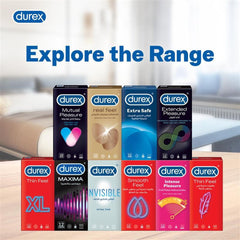 Durex product range display of multiple colorful condom boxes on a table featuring Durex Extra Safe condoms pack