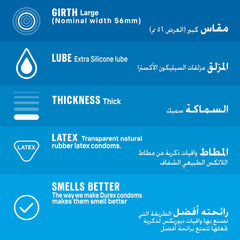 Blue infographic showing Durex Extra Safe condoms features large 56mm girth extra silicone lube thick latex smell better
