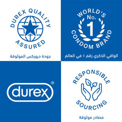 Durex Extra Safe condoms brand collage with Durex logo quality assured worlds No 1 and responsible sourcing