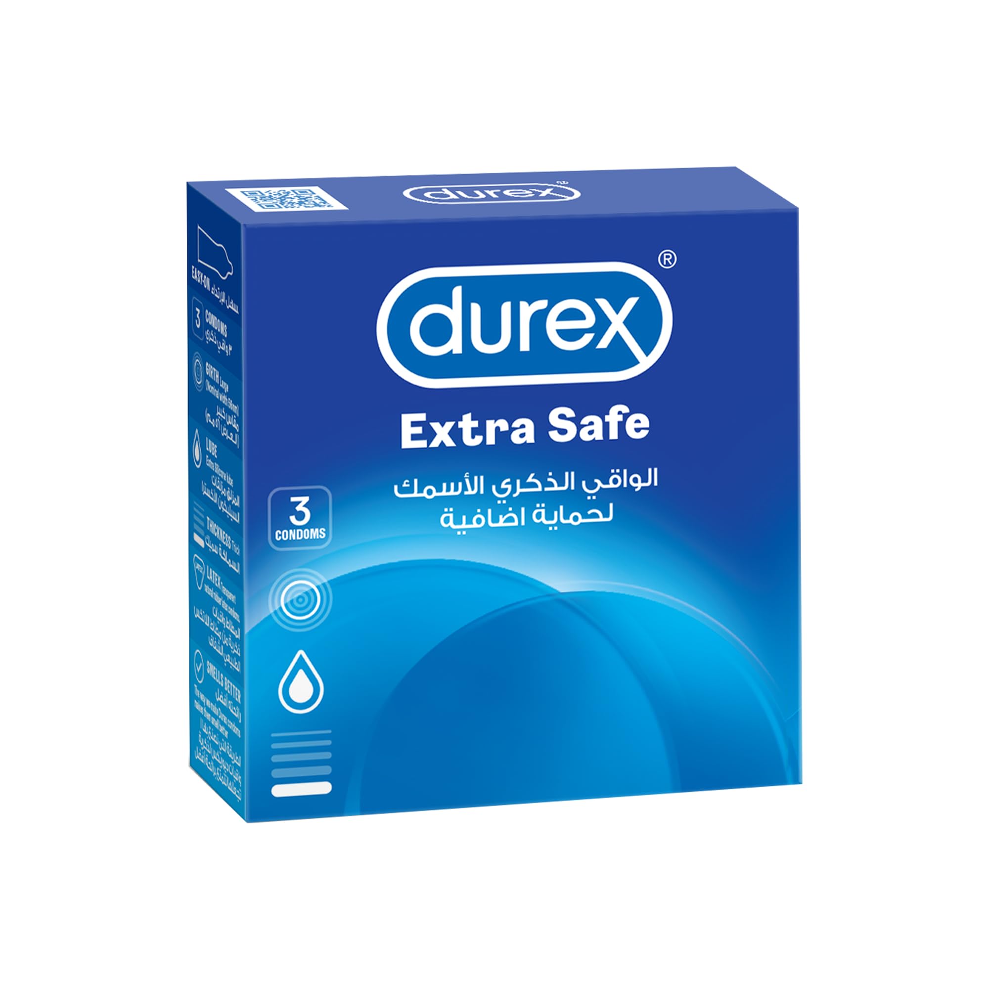 Durex Extra Safe condoms UAE blue retail box showing 3 condoms extra safe thicker design