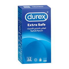 Blue box of Durex Extra Safe condoms UAE 12 count pack showing Durex logo and Arabic labeling